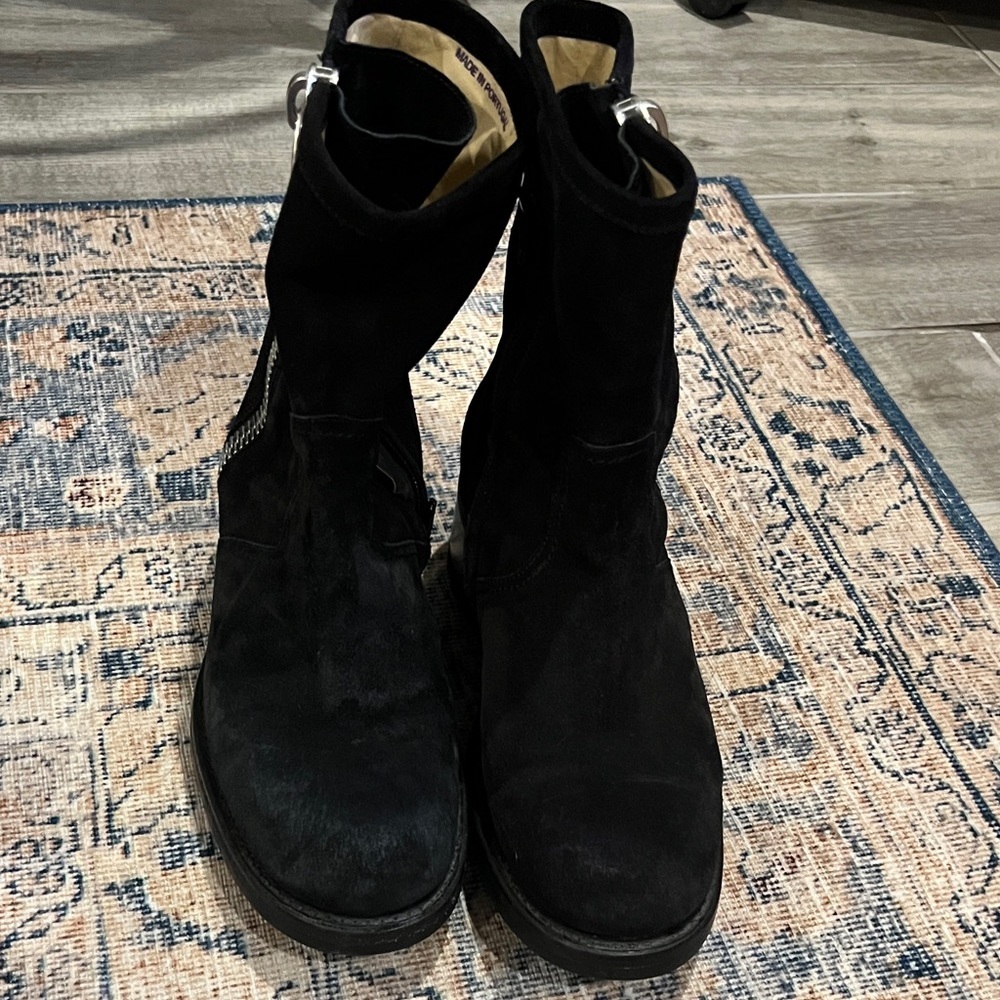 Free Lance Black Suede Boots buckle strap side zipper 40 / 9 1/2